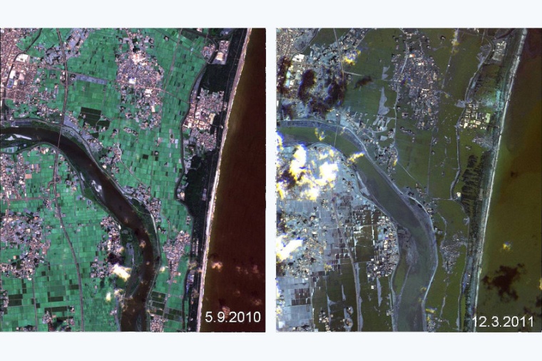 Satellitenaufnahme eines japanischen Küstenabschnitts am 5. September 2010 und...
