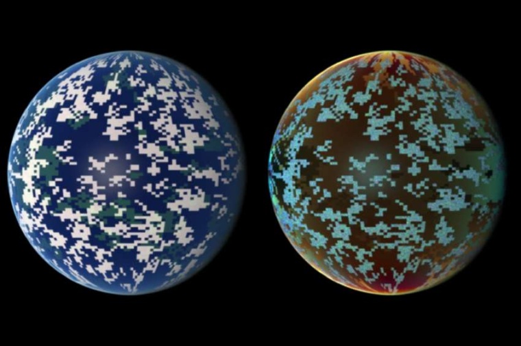 Abb.: Simulierte An­sichten eines erd­ähn­lichen Exo­planeten. Links das...