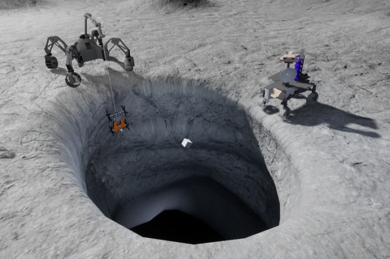 Abb.: Missions­szenario an einer Lava-Höhle auf dem Mond mit drei...