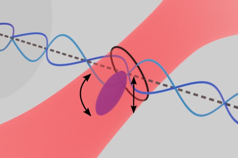Abb.: Das Nanoteilchen (blau) dreht und bewegt sich in einem Laserfeld (rot),...