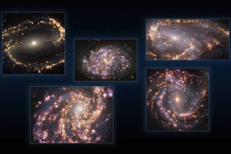 Abb.: Fünf Galaxien, die mit MUSE am VLT der ESO bei verschiedenen...