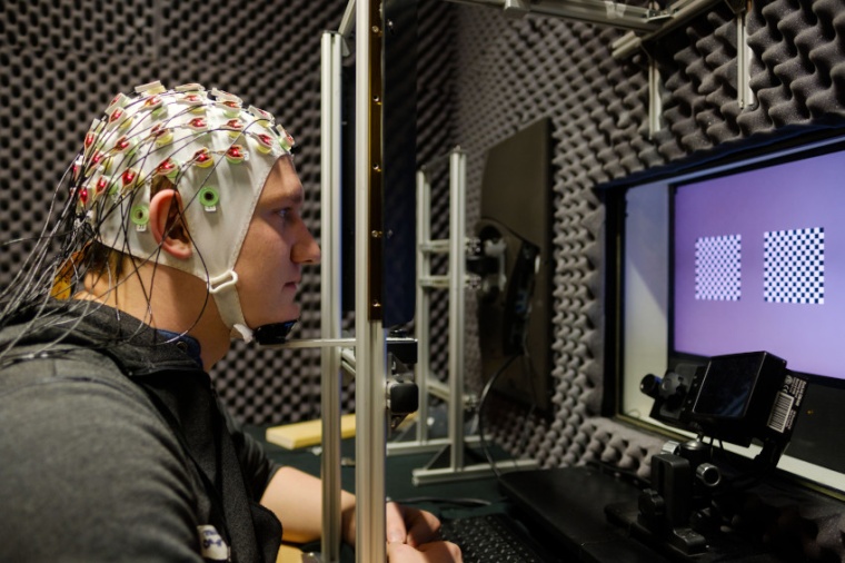 Abb.: Probanden mit EEG-Kappe helfen der Neuro­physik, Hirn­aktivitäten zu...