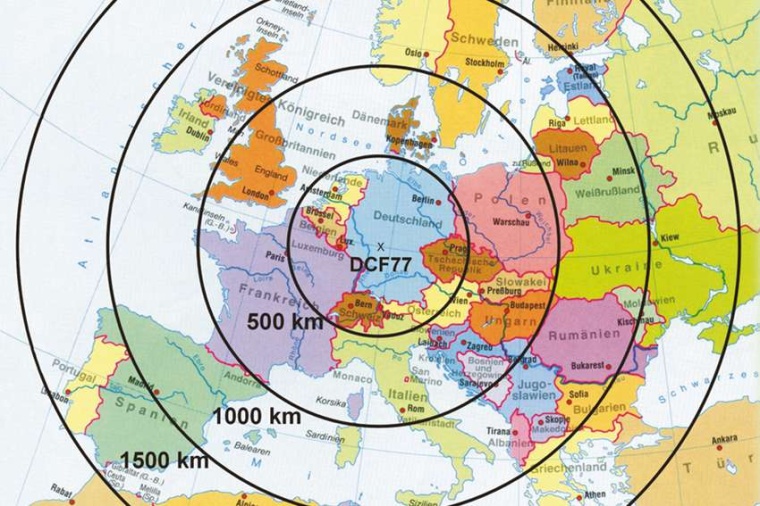 Abb.: Europa­weit em­pfan­gen Mil­li­onen von Funk­uhren die auf 77,5 kHz...