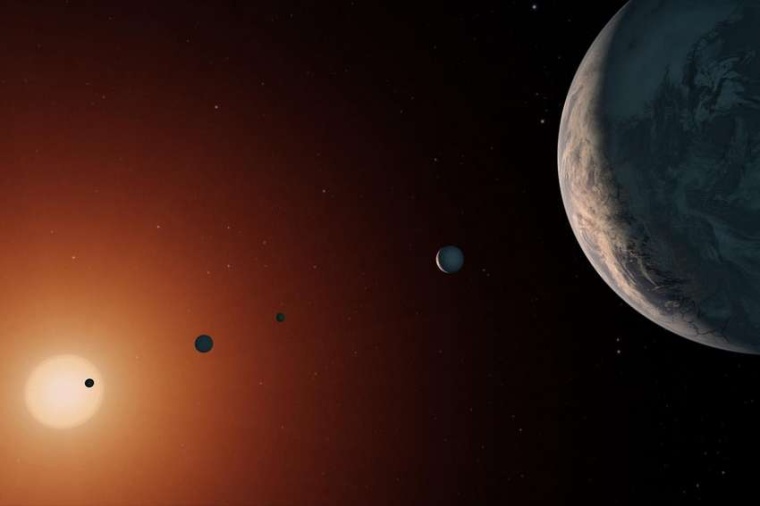 Abb.: Die Illustration zeigt, wie das TRAPPIST-1-System von einem...