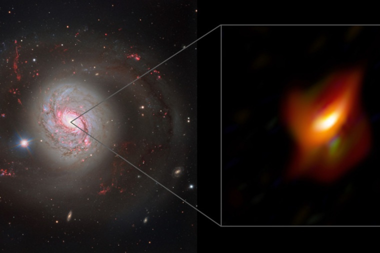 Abb.: Die Galaxie NGC 1068 (li.) und eine vergrößerte Ansicht ihres aktiven...