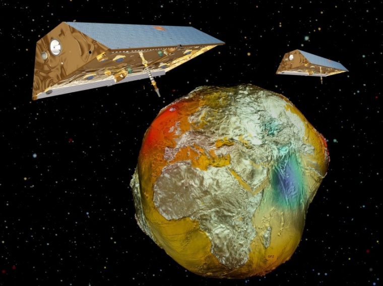 Abb.: Künstlerische Darstellung der GRACE-Satelliten und der Erde (Bild: GFZ)