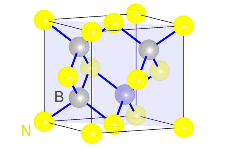 Abb.: Einheitszelle von cBN mit Bor- und Stickstoff-Atomen. (Bild: MBI)
