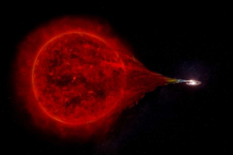 Abb.: Das Doppel­stern-System RS Ophiuchi: Vom roten Riesen strömt Materie...