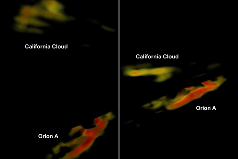 Abb.: Die Gestalt der Kalifornien- und der Orion-A-Wolke aus zwei verschiedenen...