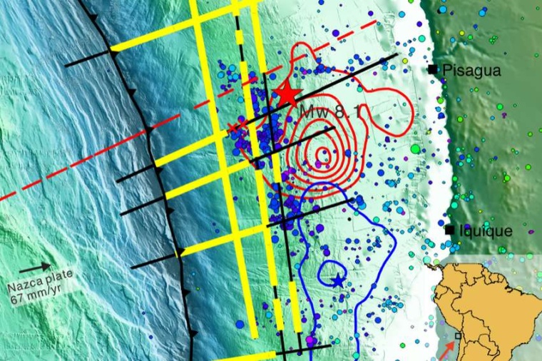 Abb.: Karte der Erd­beben­region vor Chile, auf der die seis­mischen Daten...
