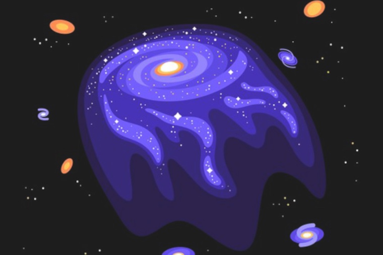 Abb.: Illustration einer Quallengalaxie mit einem Schweif aus Gas und Materie....