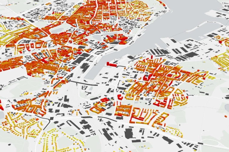 Abb.: Blick auf die Kieler Hörn und das 3D-Gebäudemodell der Stadt. Die roten...