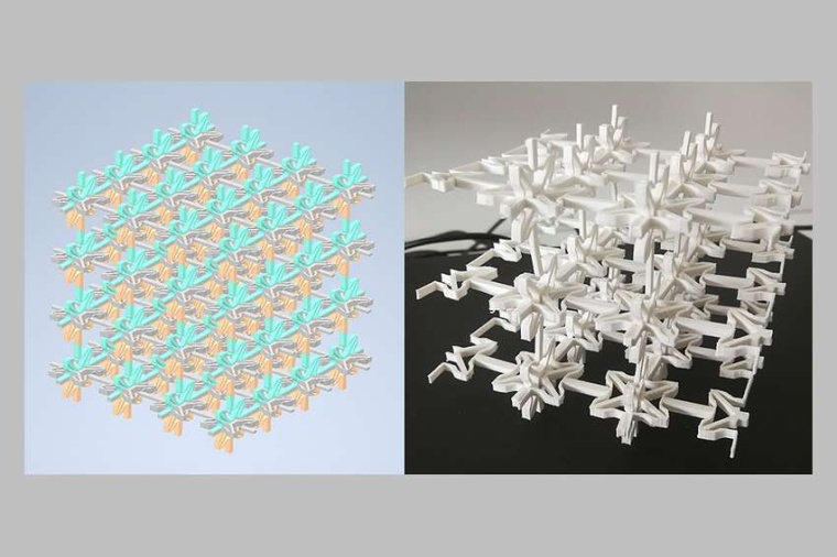 Abb.: Aufbau des Materials aus vielen Zellen (Mitte) und 3D-gedruckter...