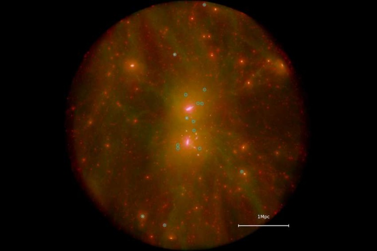 Abb.: Dunkle Materie (rot), Gas (grün) und Sterne (weiß) in einer...