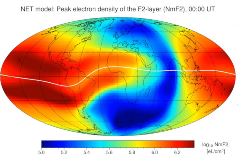 Abb.: Elektronendichte der oberen Ionosphäre rund um die Erde. (Bild: CCBY 4.0...