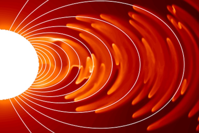 Abb.: In dieser Simulation bilden die Magnet­feldlinien die Magneto­sphäre...