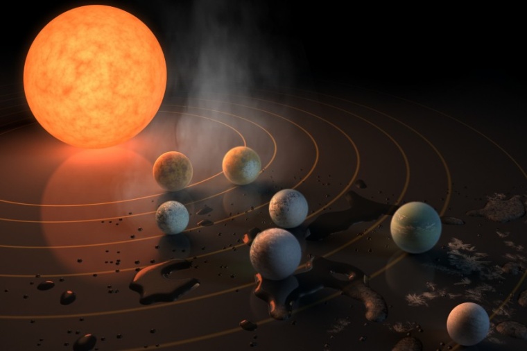Abb.: Diese künstlerische Darstellung zeigt das Planeten­system Trappist-1...