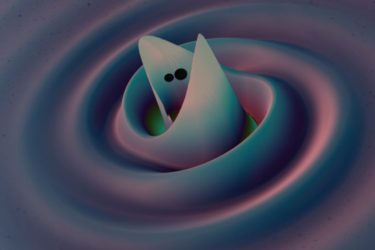 Abb.: Wellen in der Raumzeit um verschmelzende binäre schwarze Löcher in...