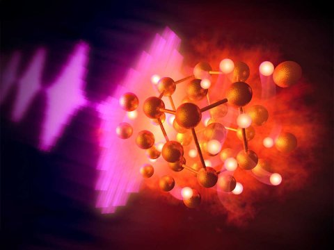 Künstlerische Darstellung: Mittels Röntgenpulsen untersuchten ein internationales Team an Forschenden am European XFEL, wie Gold mit Wasserstoff reagiert und Goldhydrid bildet.
