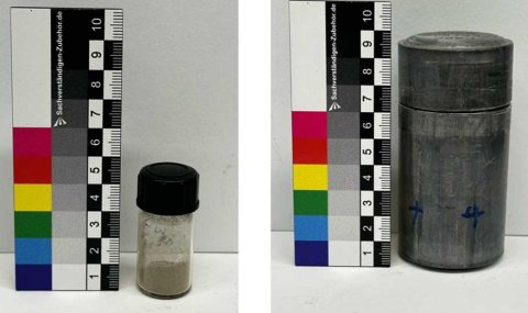 Probe mit 2,67 Gramm Kaliumpertechnetat (l.), Bleiabschirmung (r.)