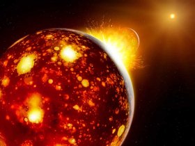Künstlerische Darstellung des Zusammenstoßes der frühen Erde mit Theia. Da Theia aus dem inneren Sonnensystem stammt, ist in dieser Perspektive im Hintergrund die Sonne zu sehen. 
[weniger]

© MPS / Mark A. Garlick