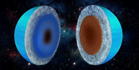 Gemäss neuer Studie könnte Uranus je nach Modellannahmen ein Eisriese (links) oder ein Gesteinsriese (rechts) sein. (Bild: Keck Institute for Space Studies/Chuck Carter)
