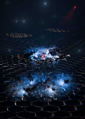 Künstle­rische Dar­stel­lung der Wel­len­funk­tion ei­nes hy­bri­den Ex­zi­tons mit Elek­tron (rot) und Loch (blaue Wol­ke)