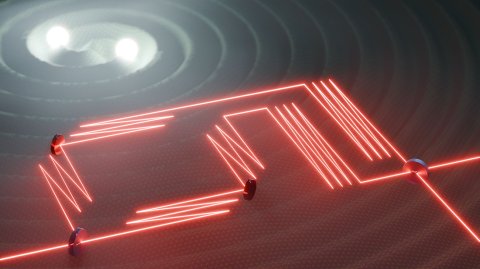 Schematische Darstellung des Interferometer-Aufbaus für Licht unter dem Einfluss einer Gravitationswelle.

Bild: B. Schröder/HZDR