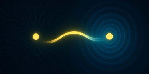 Illustration des Übergangs von einer statischen Verunreinigung (links), die ihre Umgebung vollständig stört, zu einer mobilen Verunreinigung (rechts), deren Bewegung durch die Entstehung eines Quasiteilchens die Ordnung wiederherstellt. | © Eugen Dizer (generiert mithilfe von KI)