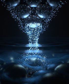 Künstlerische Darstellung des mikroskopischen Mechanismus der nahfeldoptischen Tunnel-Emission: Laserlicht versetzt Elektronen (helle Kugeln) in eine hin- und hergehende Bewegung zwischen dem Apex-Atom einer scharfen metallischen Spitze (oben) und der Probe (unten). Dabei entsteht elektromagnetische Strahlung, die eine rein optische Mikroskopie mit atomarer Auflösung ermöglicht.