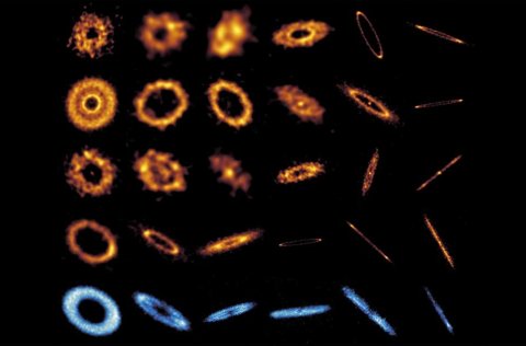 Übersicht über die hochauflösenden Abbildungen der 24 Trümmerscheiben. Die untere blaue Reihe zeigt die Gasverteilung in den darüber abgebildeten Trümmerscheiben.