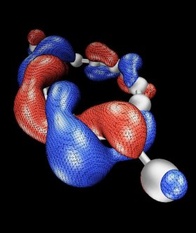Dyson-Orbital für Elek­tro­nen­an­la­ge­rung, be­rech­net mit Quan­ten­hard­ware.