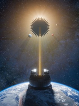 Für die Beobachtung eines erdähnlichen Exoplaneten soll ein am Boden stationiertes Teleskop mit einem blumenförmigen Abschirmkörper kombiniert werden. 
Copyright: Ahmed Soliman et al.