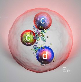Künstlerische Darstellung des neuen Teilchens, das zwei Charm-Quarks und ein Down-Quark enthält. (Bild: CERN)