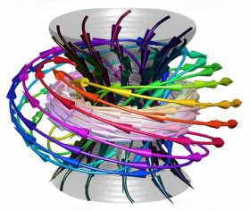 Zu sehen ist eine 3D Magnetische Struktur, die auch als Twiston bezeichnet wird. Sie besteht aus einem vertikalen Meron-Schlauch, der von einem selbstverketteten Meron-Torus umgeben ist.