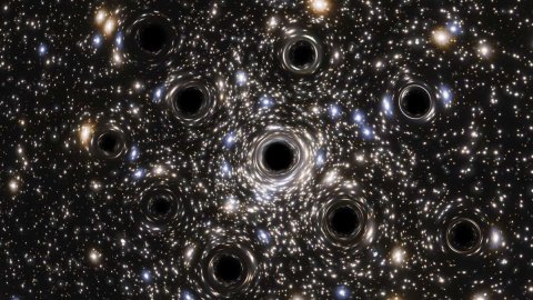 Dicht gepackte Schwarze Löcher verformen optisch ihre Umgebung.