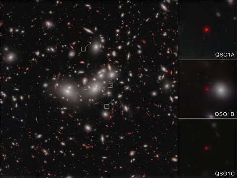 This is an image from NIRCam (Near Infrared Camera) on Webb that shows Abell2744-QSO1, magnified and triply imaged by galaxy cluster Abell 2744.
