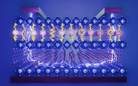 Schematische Darstellung eines auf Perowskiten basierenden Feldeffekttransistors.
