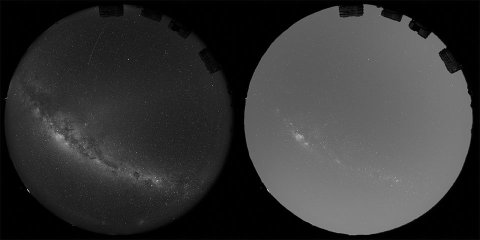 Das linke Bild zeigt den Himmel über den VLT-TElskopen (oben rechts) in einer mondlosen Nacht am 16. Mai 2026. Das rechte Bild ist eine Simulation, die zeigt, um wie hell der Himmel mit der vollständigen Konstellation von 50.000 Spiegeln von Reflect Orbital wäre.