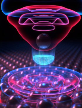 Künstlerische Darstellung eines extrem kurzen Elektronwellenpakets (blau) an der Grenze von Raum und Zeit. Der nur Attosekunden kurze Elektronenblitz entsteht zwischen der Spitze eines speziellen Mikroskops und einer Materialprobe.