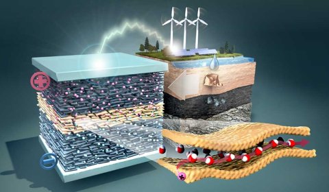 Das neue Speichersystem basiert auf in der Natur reichlich vorhandenen Elementen Wasser, Ton und Graphen und ermöglicht eine effektive und nachhaltige Energiespeicherung. Grafik: Martin Künsting