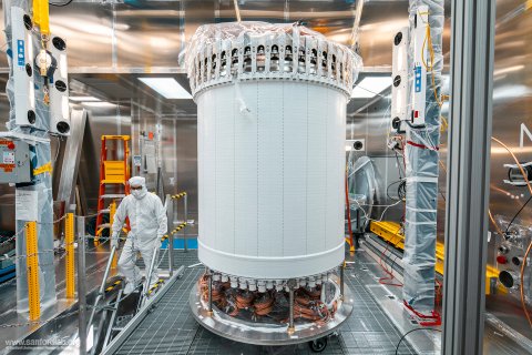 The LUX-ZEPLIN main detector in a surface lab before installation underground. (Credit: Matthew Kapust/Sanford Underground Research Facility)