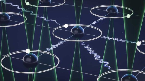 Künstlerische Darstellung zirkularer Rydberg-Atome: Mit optischen Pinzetten (in Grün) lassen sie sich präzise einfangen und zu kontrollierten Atomarrays anordnen.