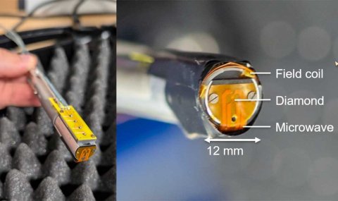 Diamantsensor im Labor (links) und Nahaufnahme des Kopfes mit Maßangaben